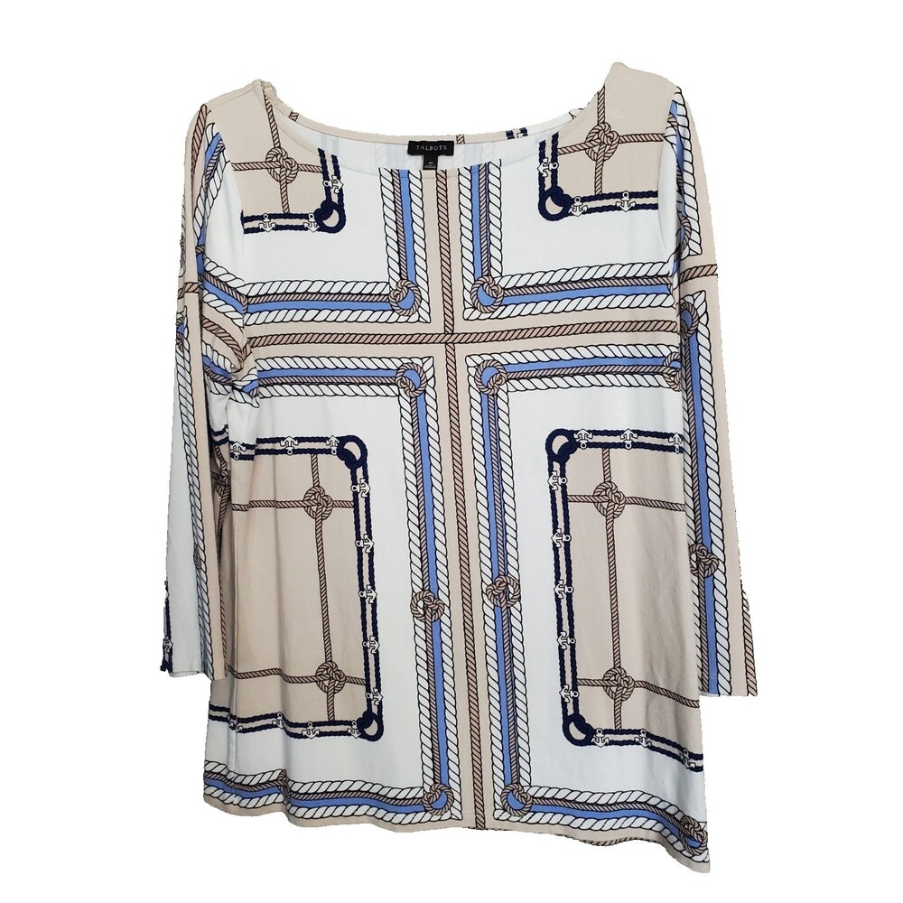 Talbots Nautical Rope Chain Print Boat Neck 3/4 Sleeve Top Size Medium